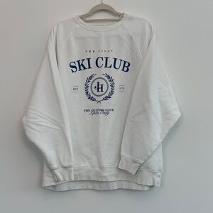 Brunette The Label White Crewneck with Navy Ski Club Graphic